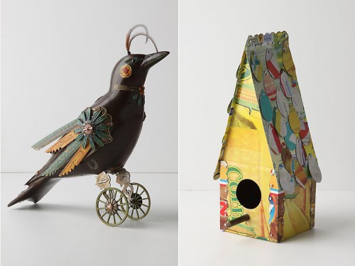 Fågel i plåt till vänster, fågelns hus till höger...från Antrhropologie. 