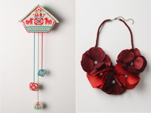 Varför inte ett gökur i shetlandsull i julklapp? Något mindre dramatiskt men ändå fint halsband till höger. 