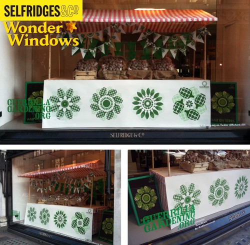 Utställningsverksamhet i brittiska Selfridges skyltfönster; guerilla gardening och fröbomber från Kaboom gör pr för kedjans nya konceptbutik Grow. (Foto http://kabloom.co.uk)