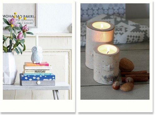 Fin uggleljusstake till vänster. Plenty Designs björkljusstakar till höger. (Foto Cosas)